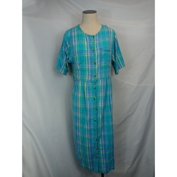 Vintage Mainstreet Blues Dress 18W Plus Plaid Button Front Midi 90s Cottagecore - Picture 1 of 11